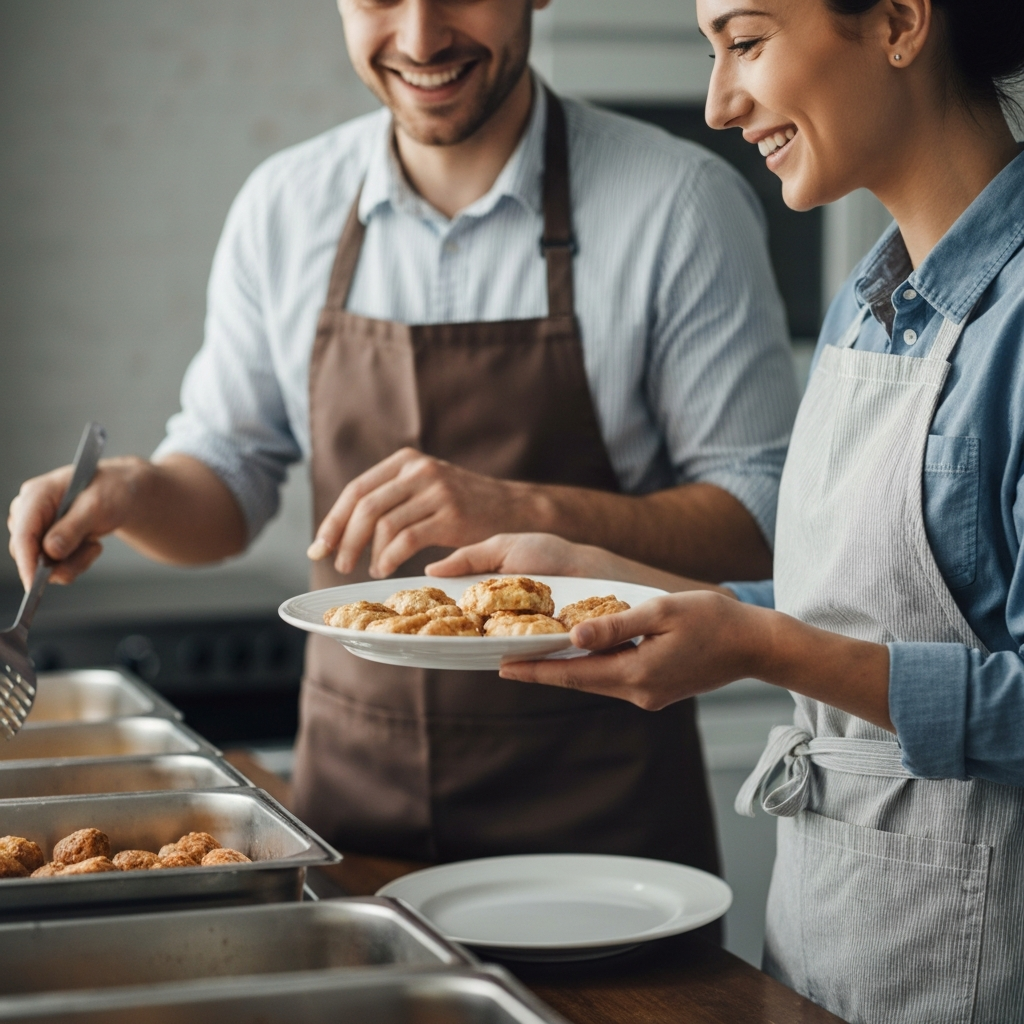 A person volunteering at a soup kitchen, serving food with a genuine smile. The lighting is soft and natural, highlighting the textures of the food and the volunteers' aprons. The background is slightly blurred to focus on the interaction.