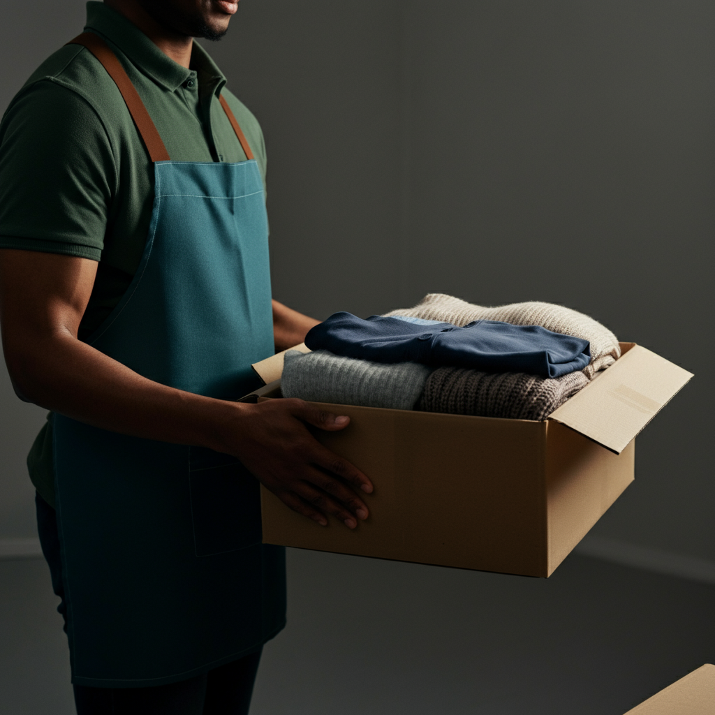 A person donating a box of clothing to a local charity. The lighting is soft and diffused, highlighting the texture of the clothing and the grateful expression of the charity worker. The background is clean and uncluttered.