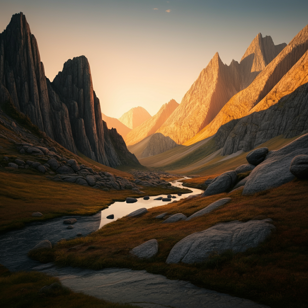 A serene mountain landscape at sunset, with golden hour lighting illuminating the peaks and valleys. The textures of the rocks and trees are sharp and detailed, creating a sense of depth and grandeur. The sky is a mix of warm colors, fading into a soft blue.