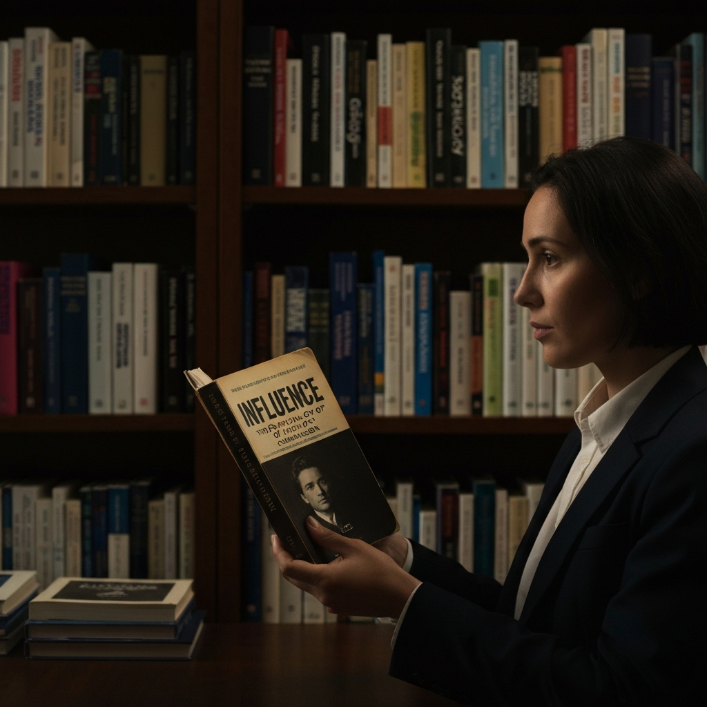 A dimly lit study, a bookshelf filled with psychology and sociology books in the background, a hand holding a worn copy of "Influence: The Psychology of Persuasion". Soft bokeh on the background books.