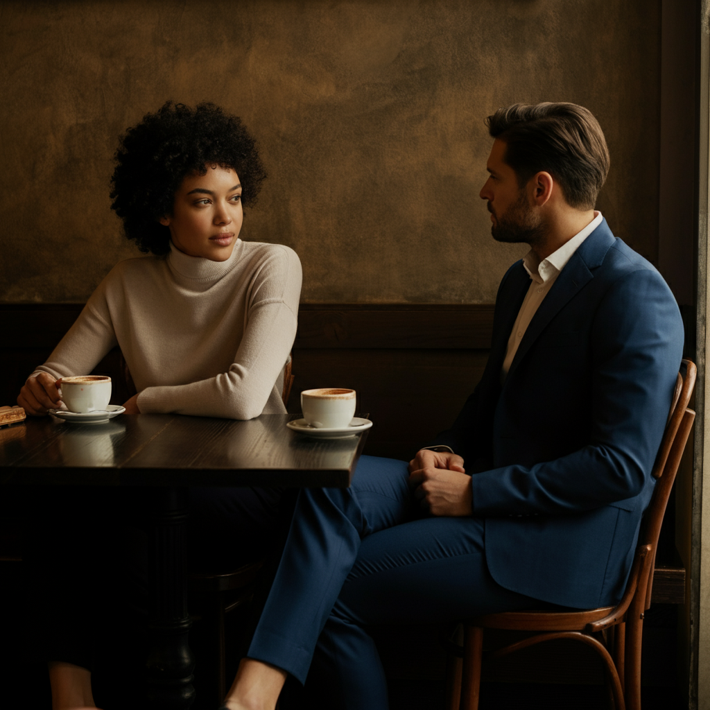 A man and a woman, both professionally dressed, having a relaxed conversation at a cafe table. The lighting is soft and even, with a focus on their facial expressions.