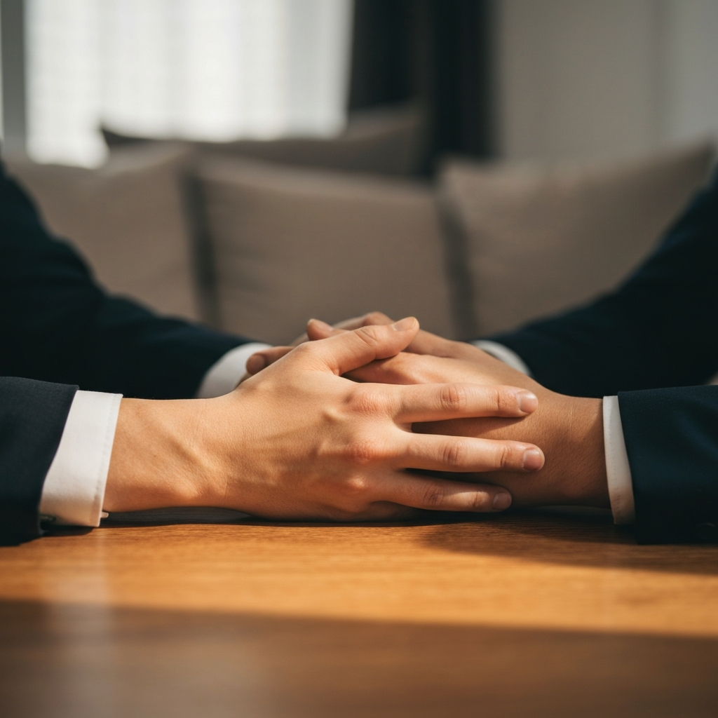 Two hands clasped together on a wooden table, bathed in warm, inviting light. A blurred background suggests a comfortable living room.