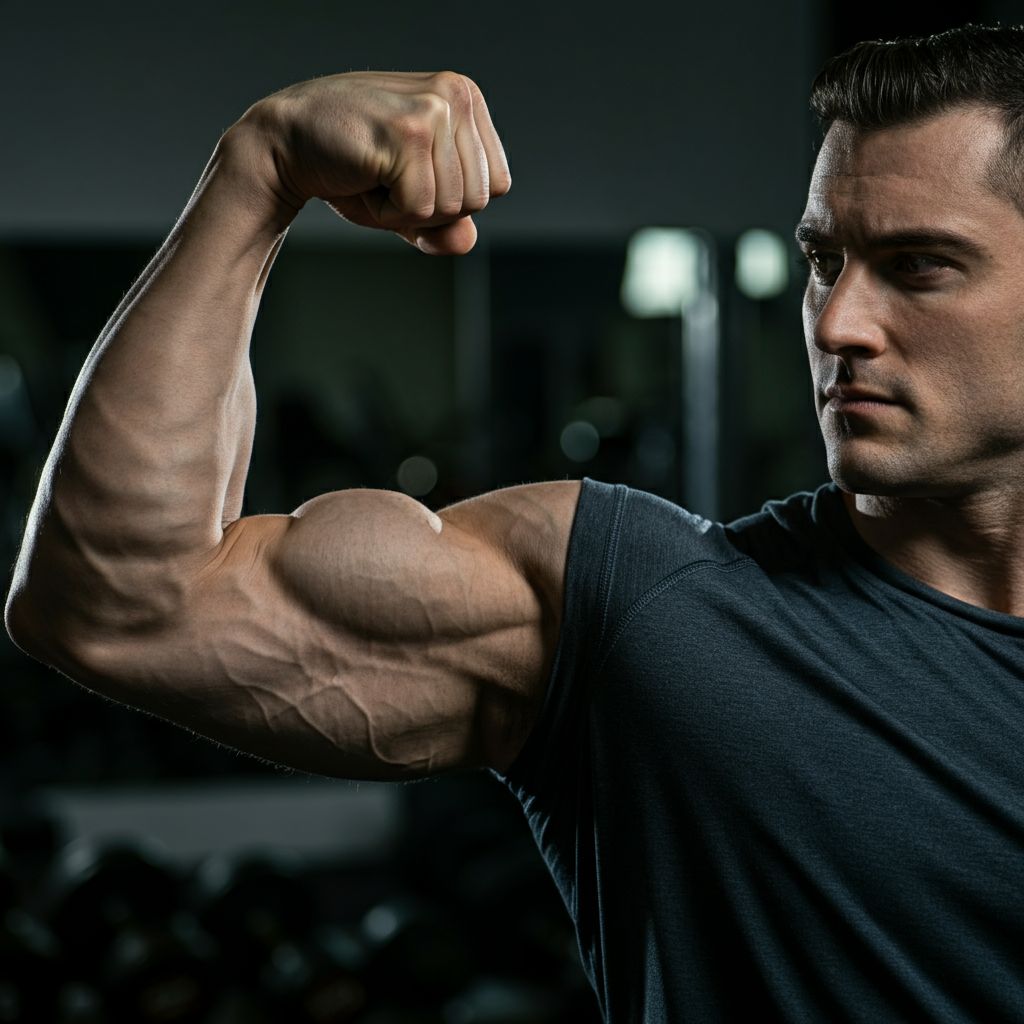 Close-up shot of a bicep being flexed. Strong side lighting reveals muscle striations. Background is a blurred gym environment.