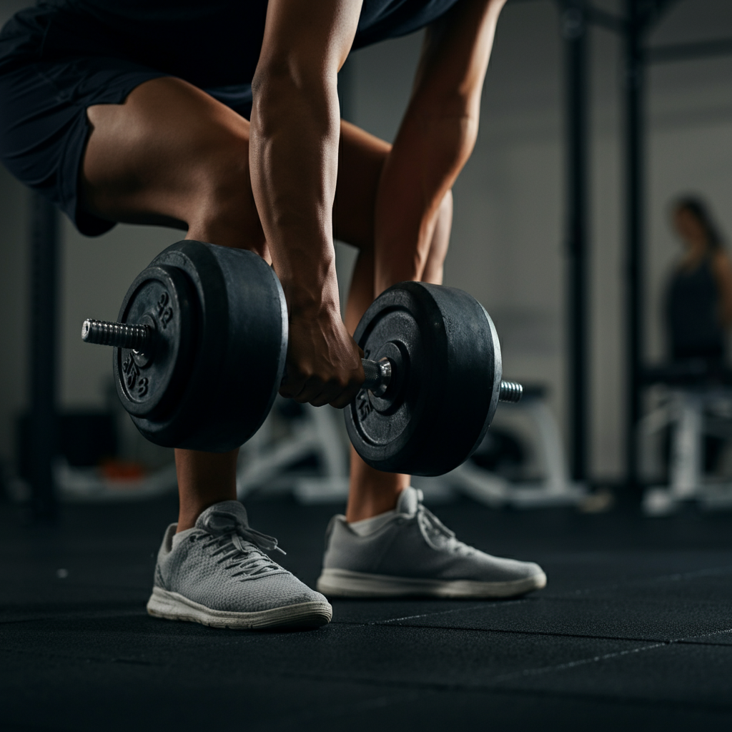 A person lifting a dumbbell in a gym, showcasing the concentric and eccentric phases of the movement. Soft focus on the background, highlighting the weight and the lifter's focused expression.