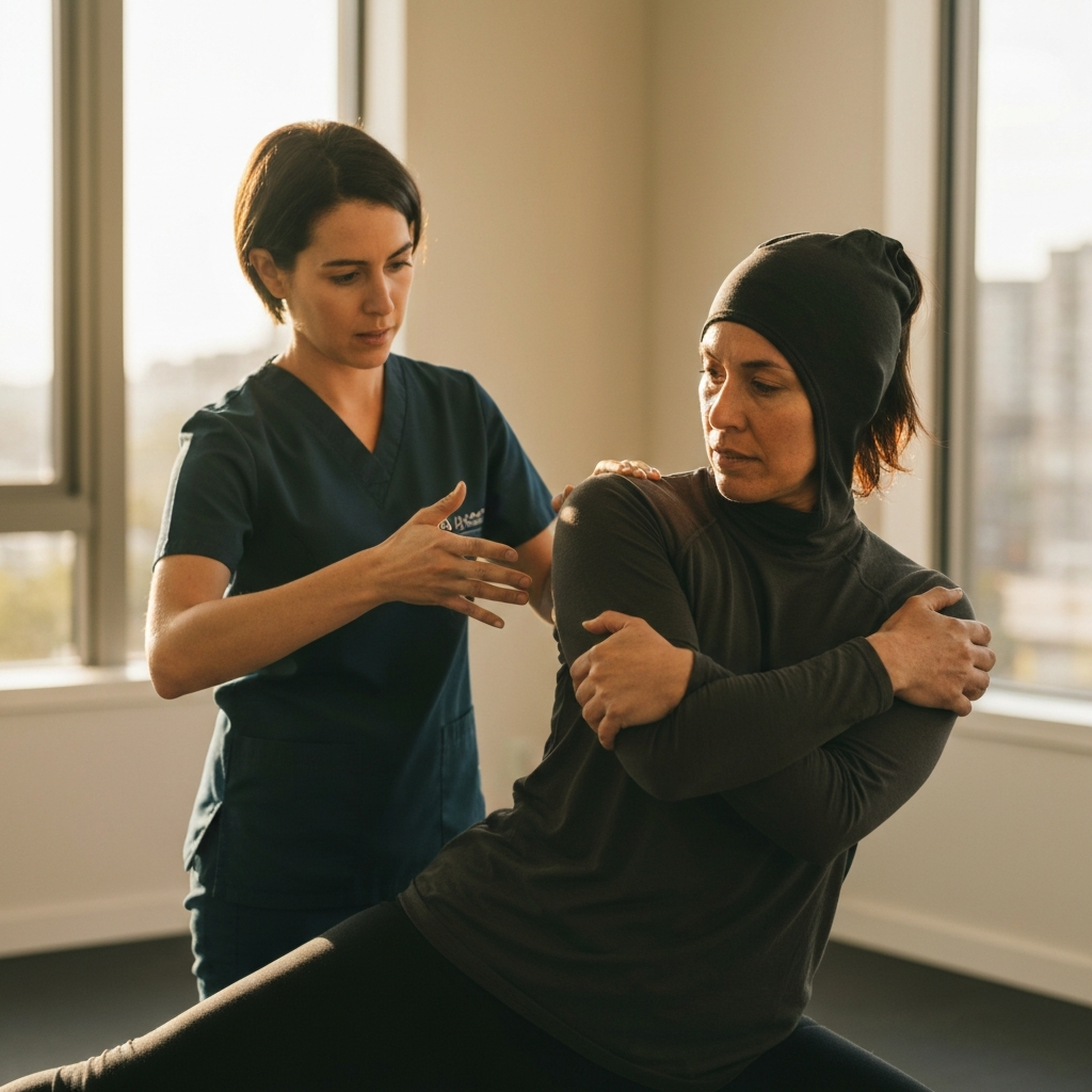 A physical therapist guiding a patient through a gentle isometric exercise for shoulder rehabilitation. The therapist is demonstrating proper form, with a supportive and encouraging demeanor. Soft, natural lighting.