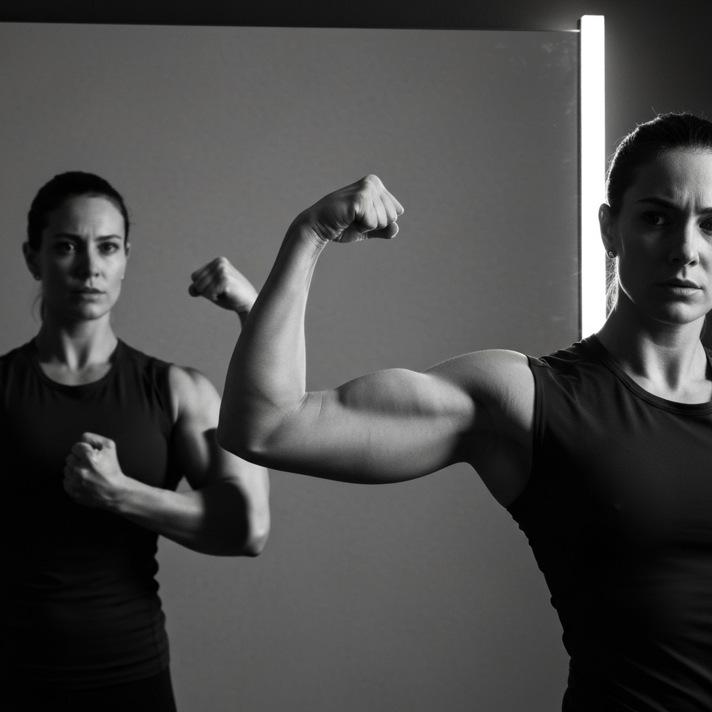 A person flexing their bicep in a mirror, concentrating on the contraction. They are wearing athletic clothing. The mirror reflects good posture and focus.
