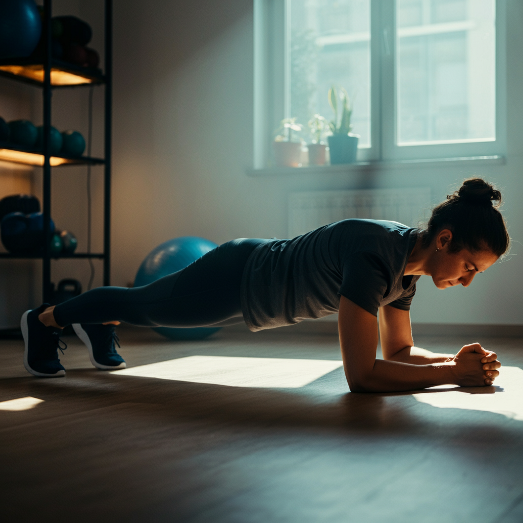 A person performing a plank exercise in a well-lit home gym. Their body is in a straight line, engaging their core. Focus on proper form and posture.