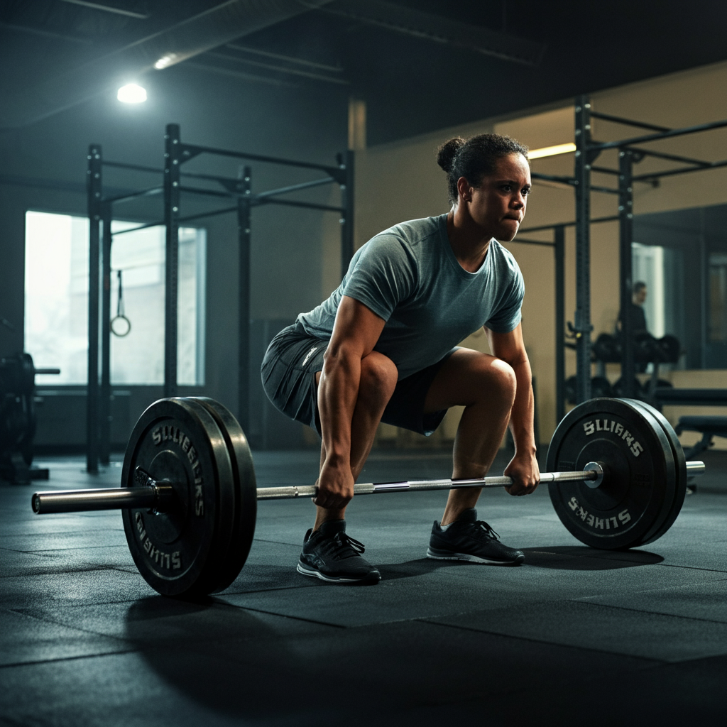 A person performing a deadlift with proper form in a gym setting. Emphasis on a straight back and engaged core. The lighting is bright and highlights the effort being exerted.