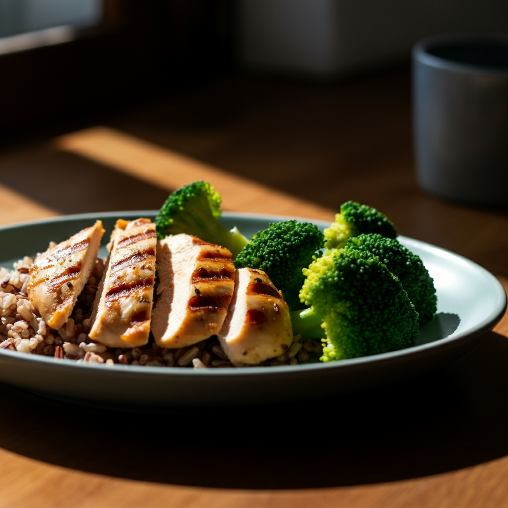 A nutritious meal consisting of grilled chicken breast, brown rice, and steamed broccoli. The food is plated attractively, showcasing vibrant colors and textures. Natural daylight streaming in from a window.