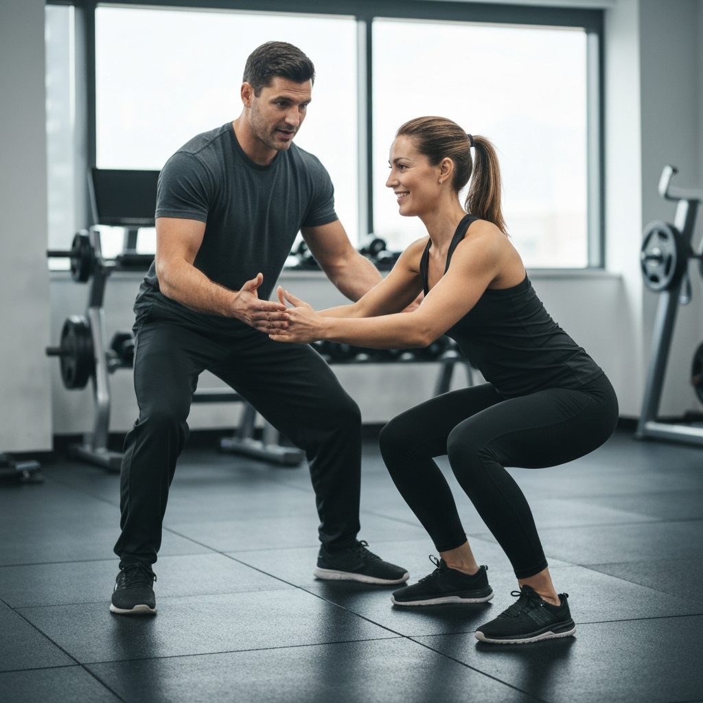 A personal trainer working with a client in a gym. The trainer is demonstrating a proper squatting technique, offering feedback and encouragement. The environment is clean and professional.