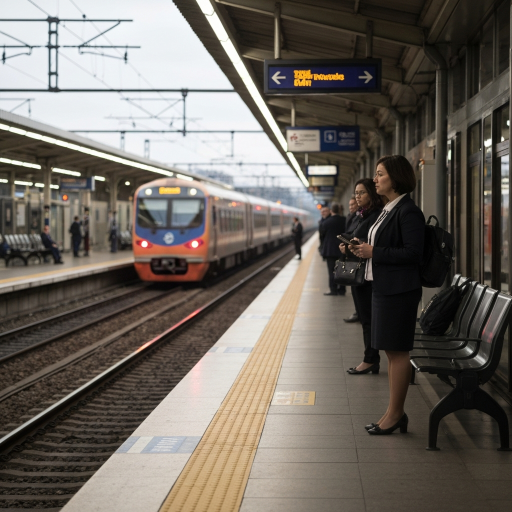 A brightly lit train station platform with commuters waiting, dressed in professional attire. Soft bokeh highlights the train arriving.