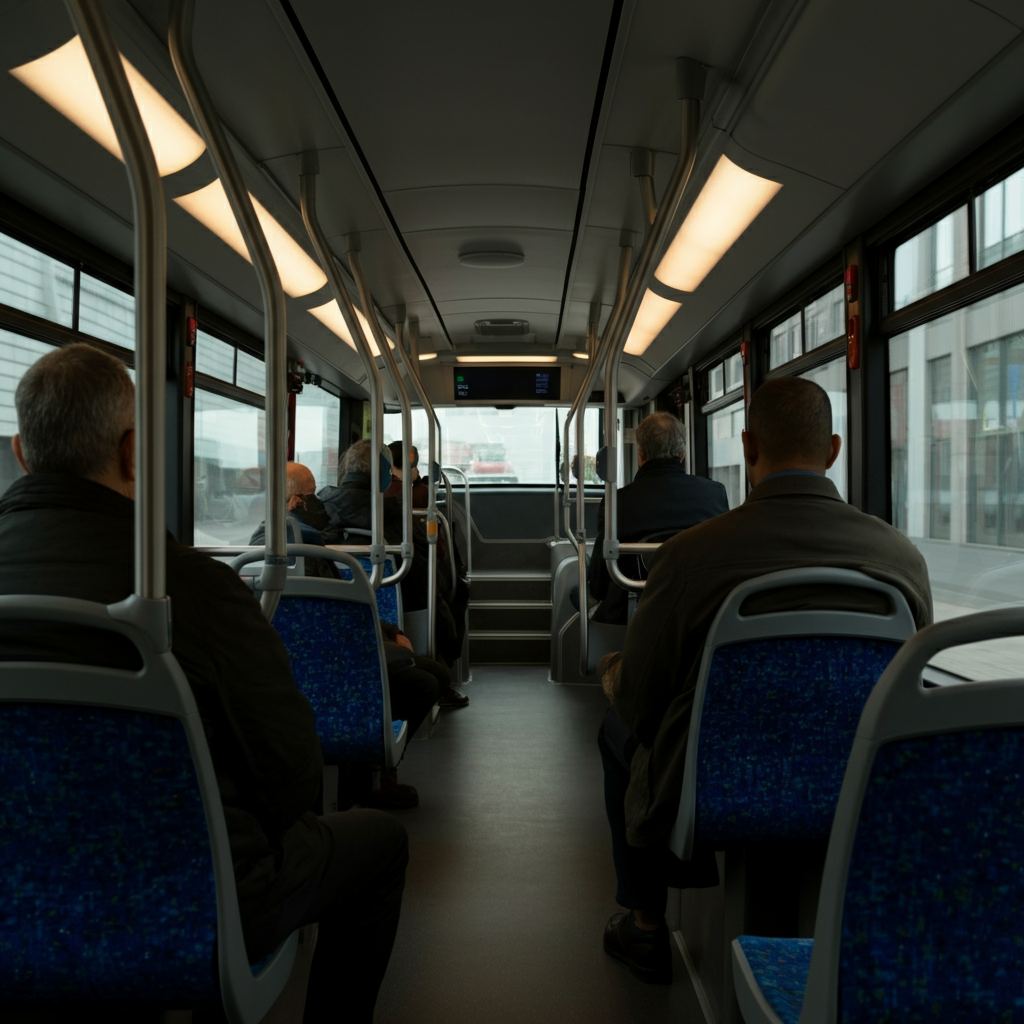 An interior shot of a modern electric bus, filled with diverse passengers. Natural light filters through the large windows, illuminating the clean interior.