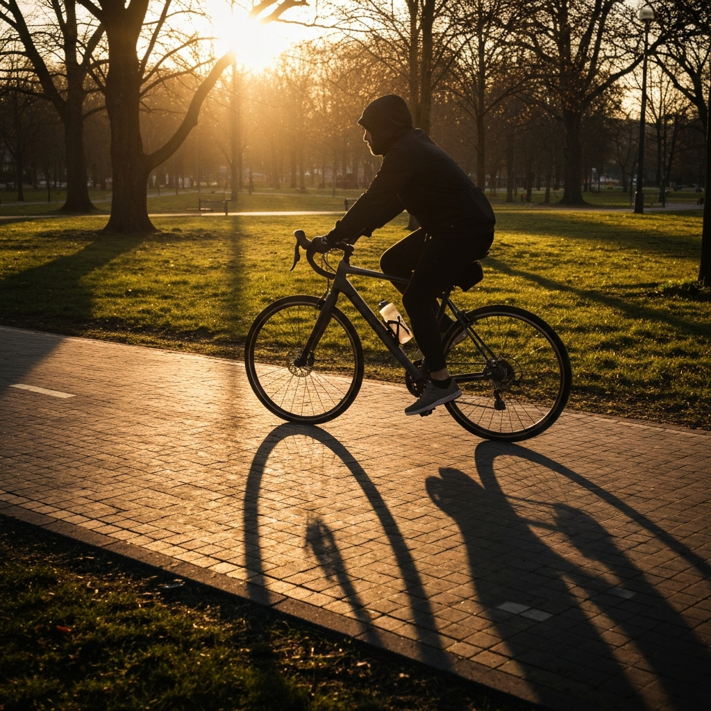 A side-lit shot of a cyclist riding along a dedicated bike path through a park, sunlight creating long shadows and textured ground.