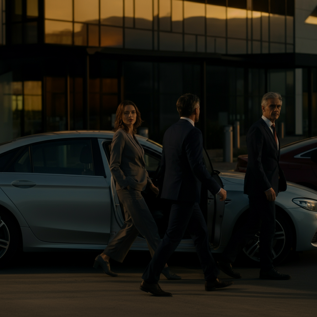 Four coworkers exiting a modern sedan in a parking lot outside an office building. Golden hour lighting provides a warm, professional atmosphere.