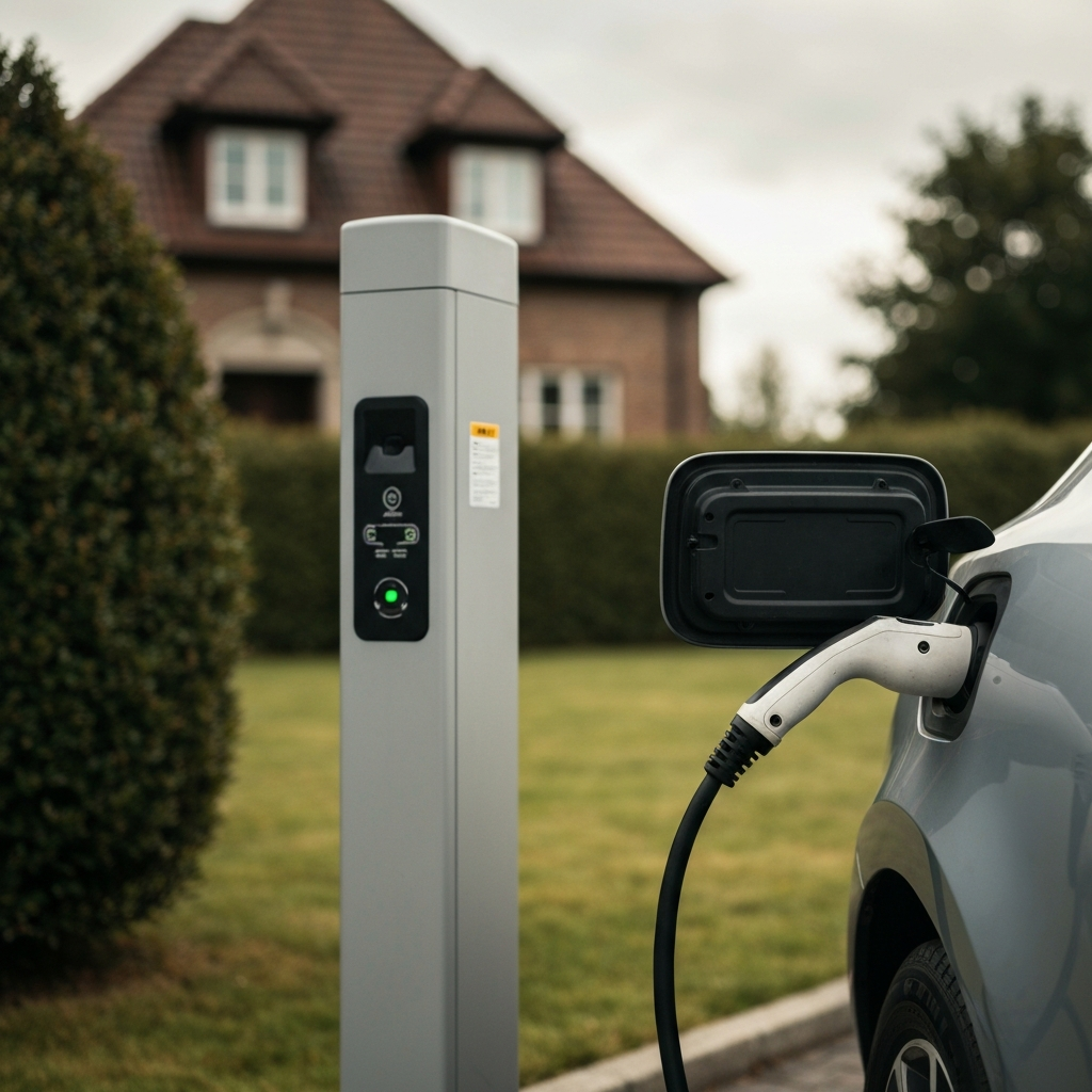 A charging station in front of a residential home during the day. An electric car is plugged into the charger, highlighting the charging cable and port.