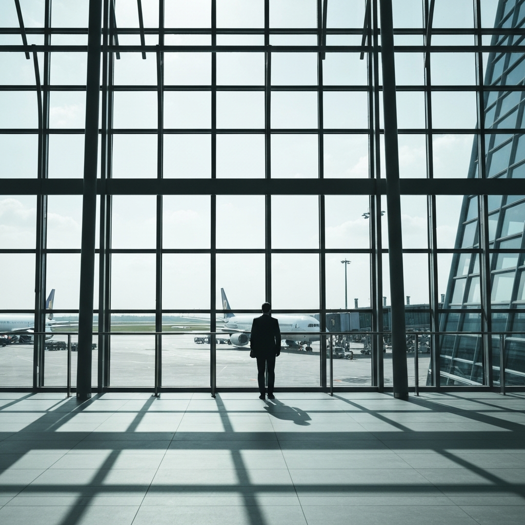 Inside a modern airport terminal, a traveler looks out the large glass window at planes on the tarmac. Soft lighting emphasizes the scale of the airport.
