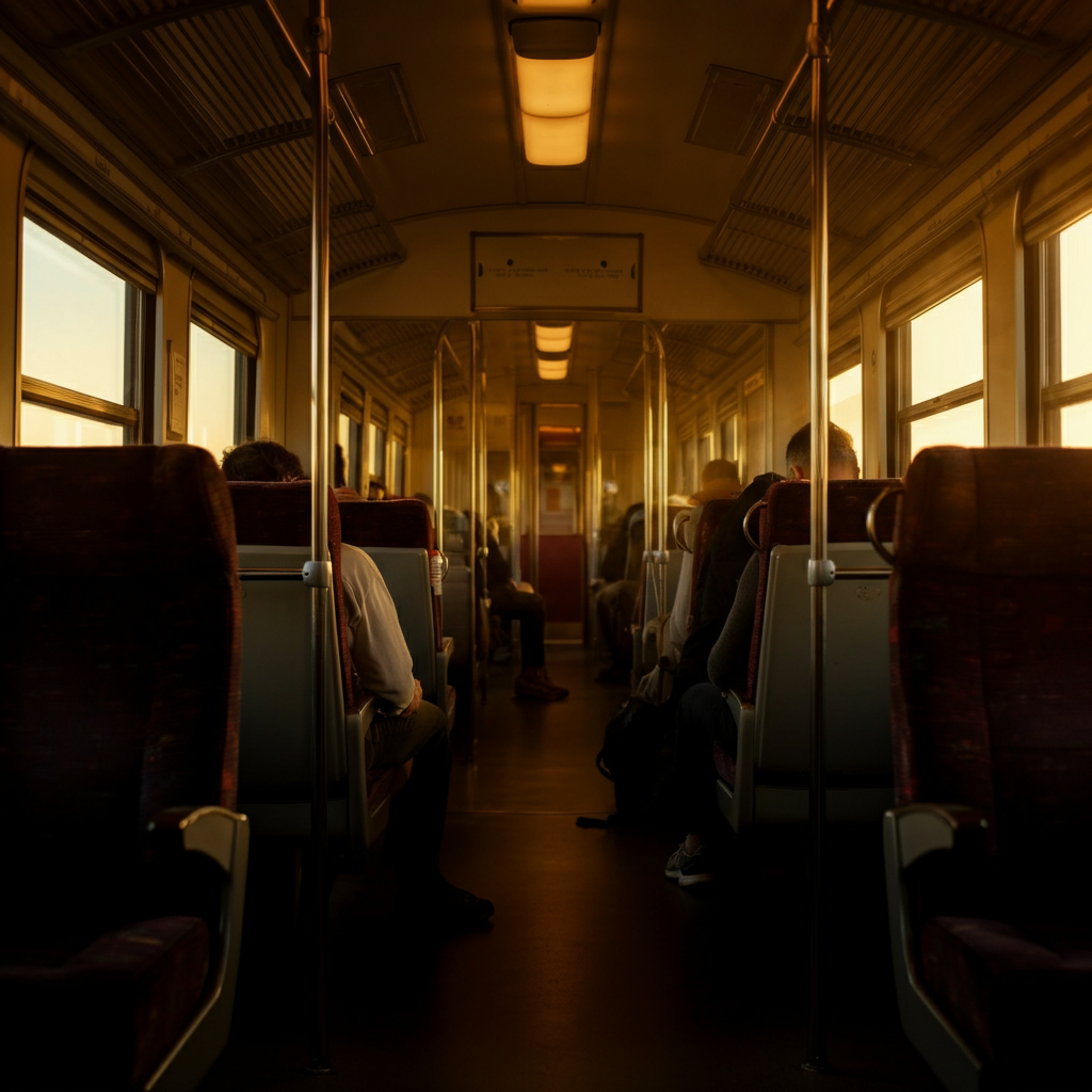 An interior shot of a train car with comfortable seating, passengers reading or working on laptops. Warm, diffused light streams in from the windows.