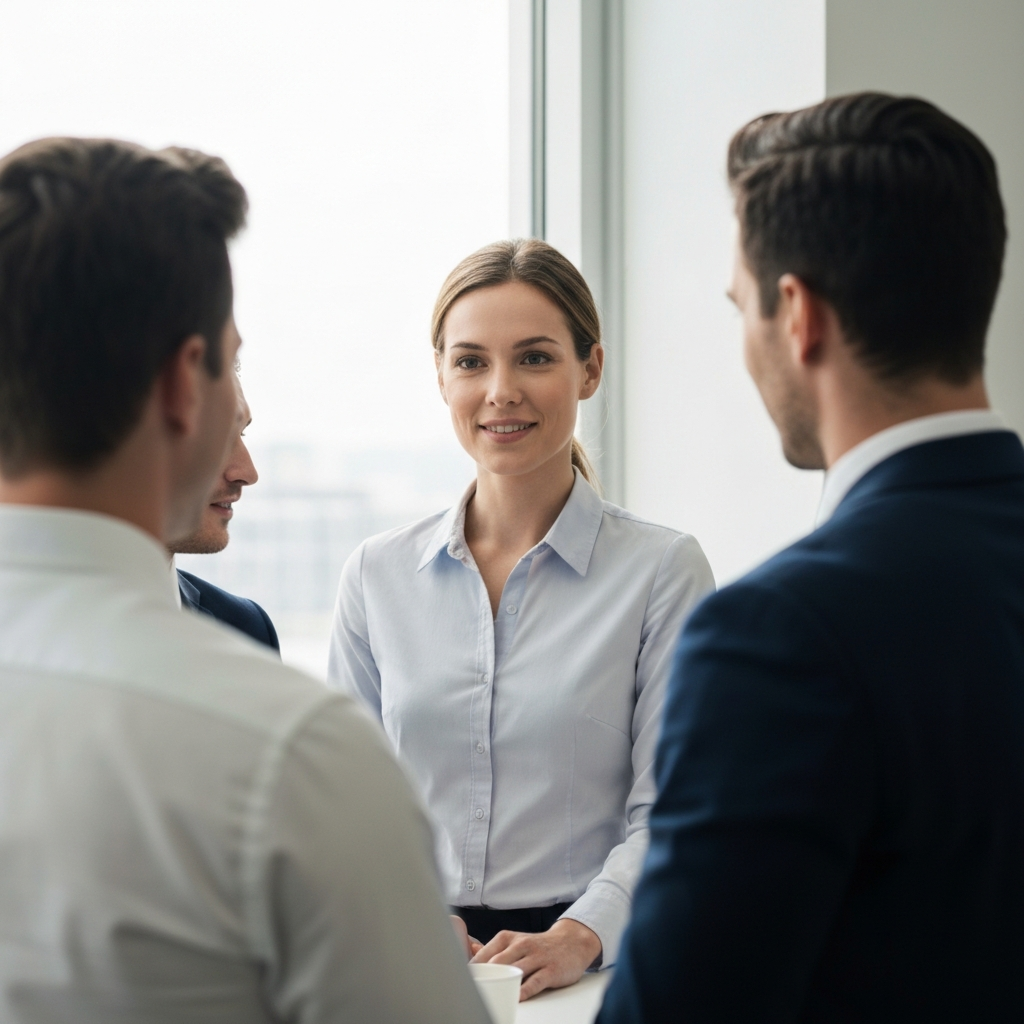 A bright office scene. A woman is standing at the water cooler, chatting casually with two male coworkers. Soft, diffused light coming from a large window. The woman is smiling neutrally, engaged in the conversation, but not singling anyone out.