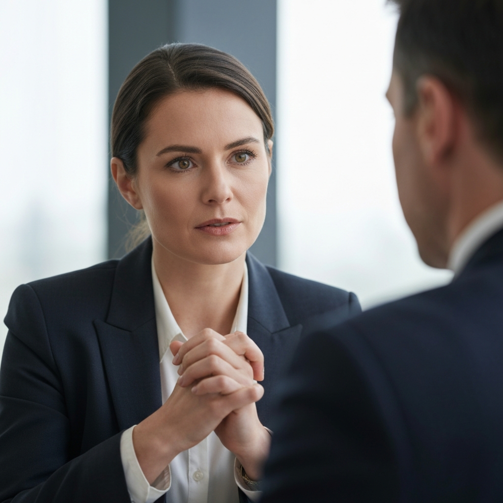 Close-up shot of a woman in a business suit. She is listening intently to a man speaking, but her facial expression is neutral and professional. Her hands are clasped in front of her. Soft bokeh in the background.