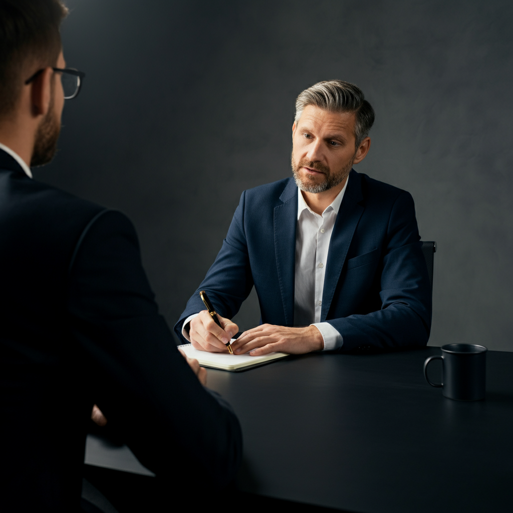 A manager is conducting a performance review with an employee. The lighting is soft, creating a comfortable atmosphere. The manager is looking directly at the employee and maintaining eye contact, with a notebook and pen on the table.