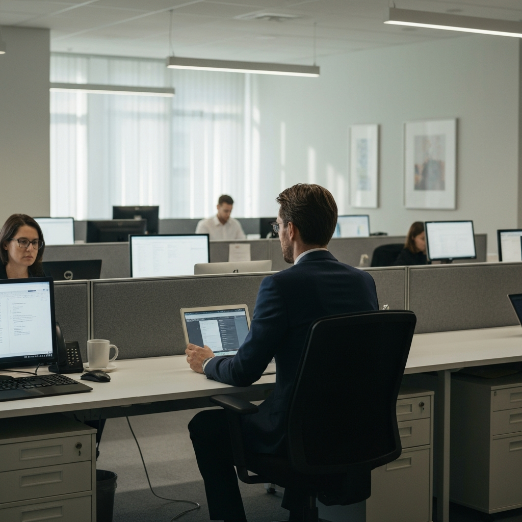 Wide shot of a bustling office environment. Several employees are working at their desks, some in cubicles and others in open workspaces. Soft, ambient light fills the room.
