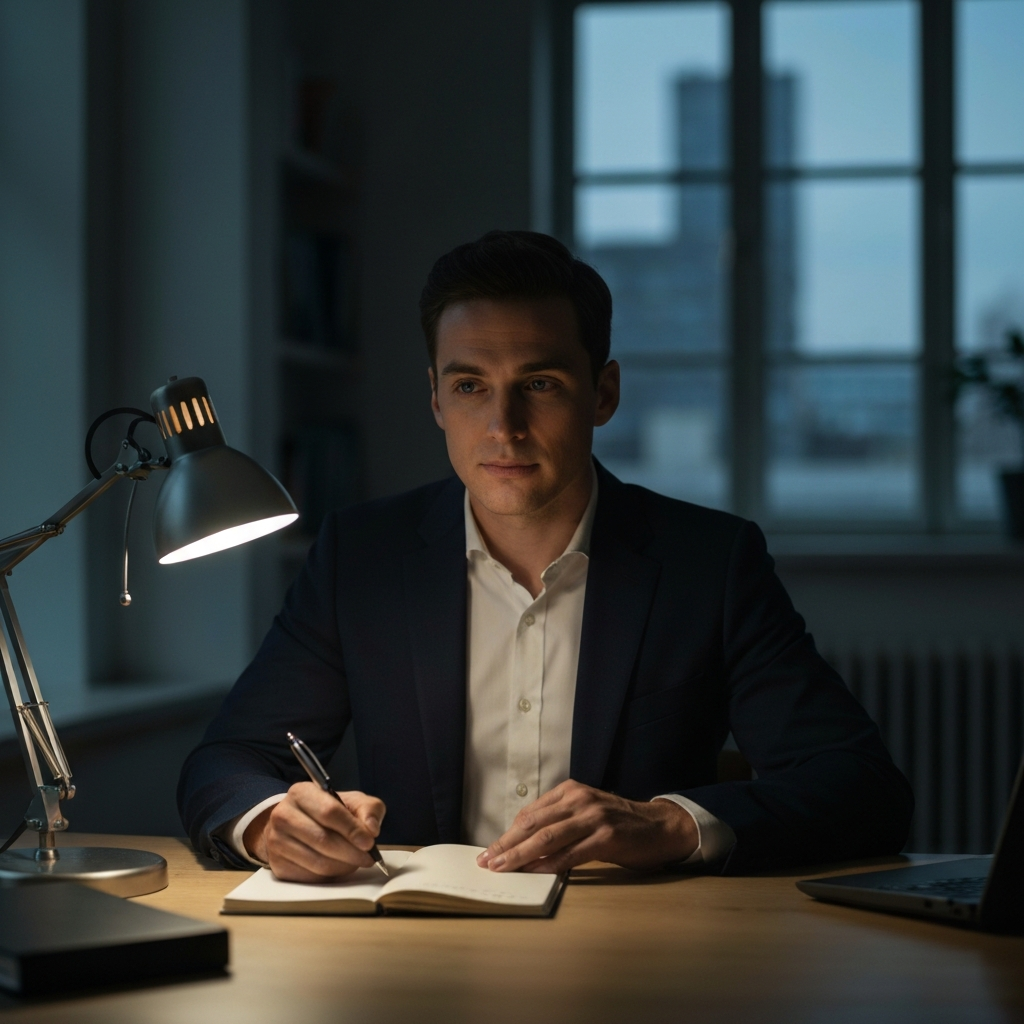 A person sitting at their desk after hours. The light is dim, with only a desk lamp illuminating their face. They are looking thoughtfully at a blank notepad, pen in hand. The background is blurred, emphasizing the individual in their pensive state.