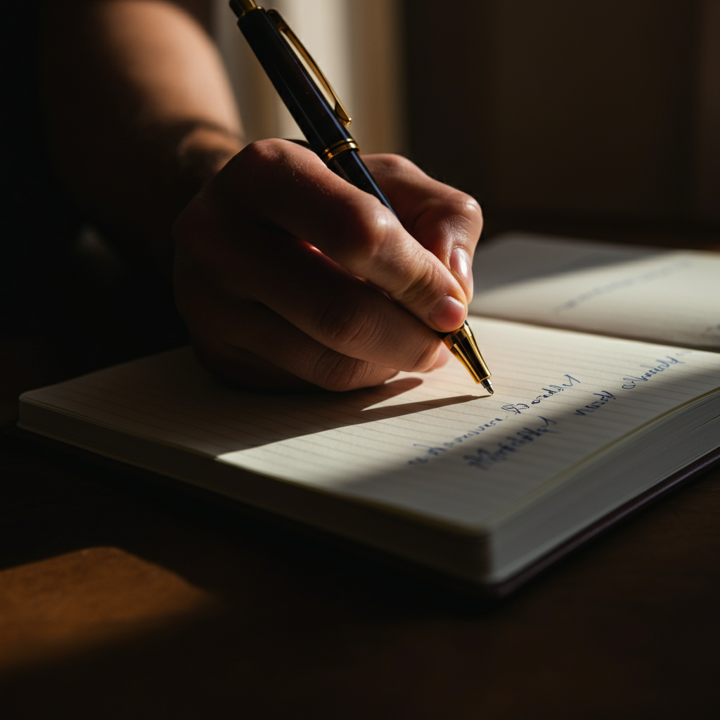 A close-up shot of a hand writing in a journal. The pen is moving across the paper, and the handwriting is neat and legible. The background is a warm, inviting space, lit with natural golden hour lighting.