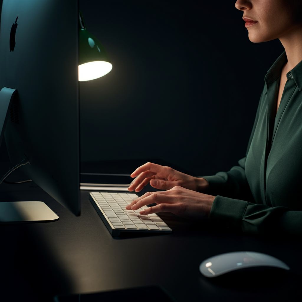 A woman sitting at her desk, typing an email. She is focused on her computer screen, her fingers moving quickly across the keyboard. The lighting is bright and efficient, highlighting the digital workspace.