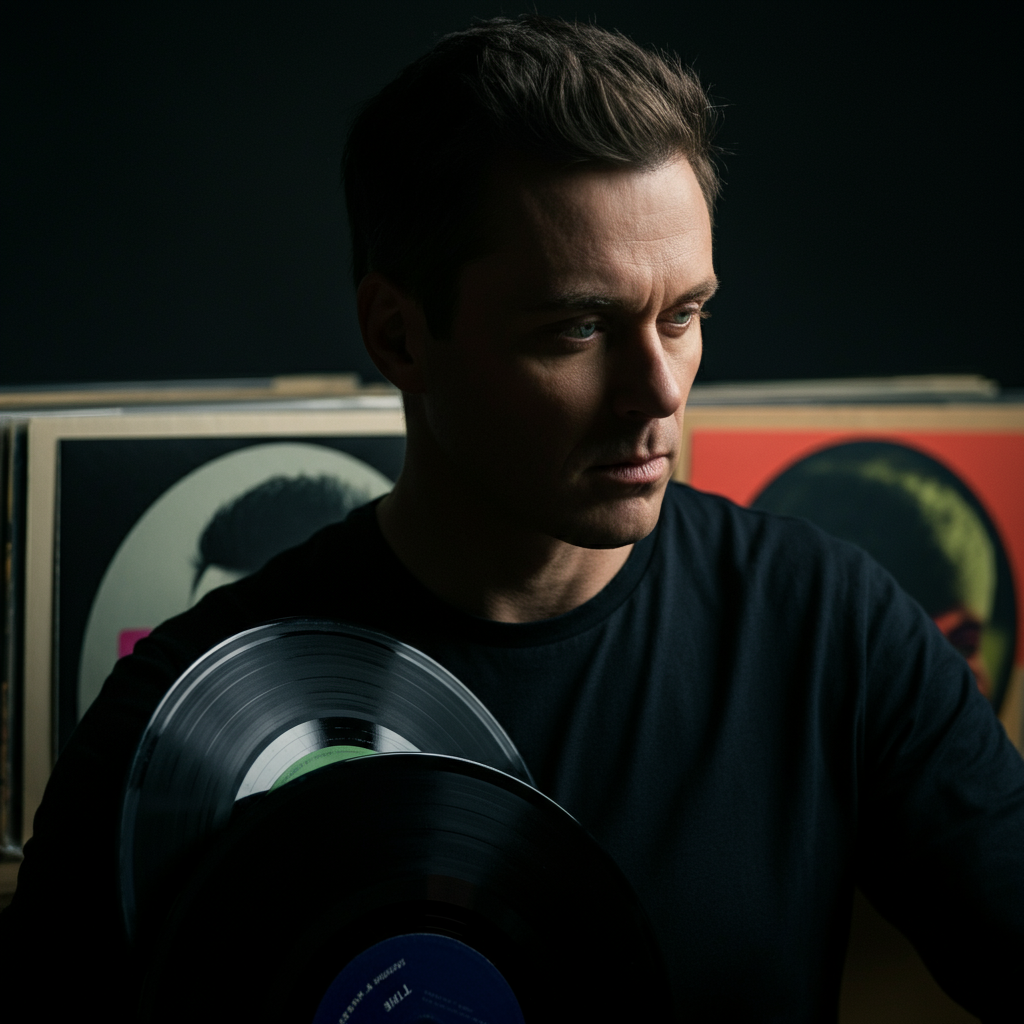 Close-up shot of vinyl records with German techno artist names visible on the sleeves, soft bokeh in the background.