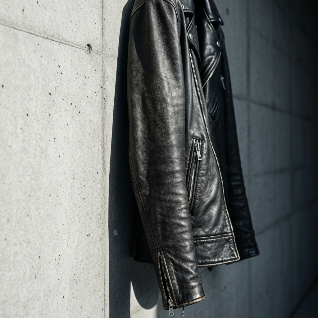 Detail shot of distressed black leather jacket hanging on a textured concrete wall, side-lit to accentuate the leather grain.