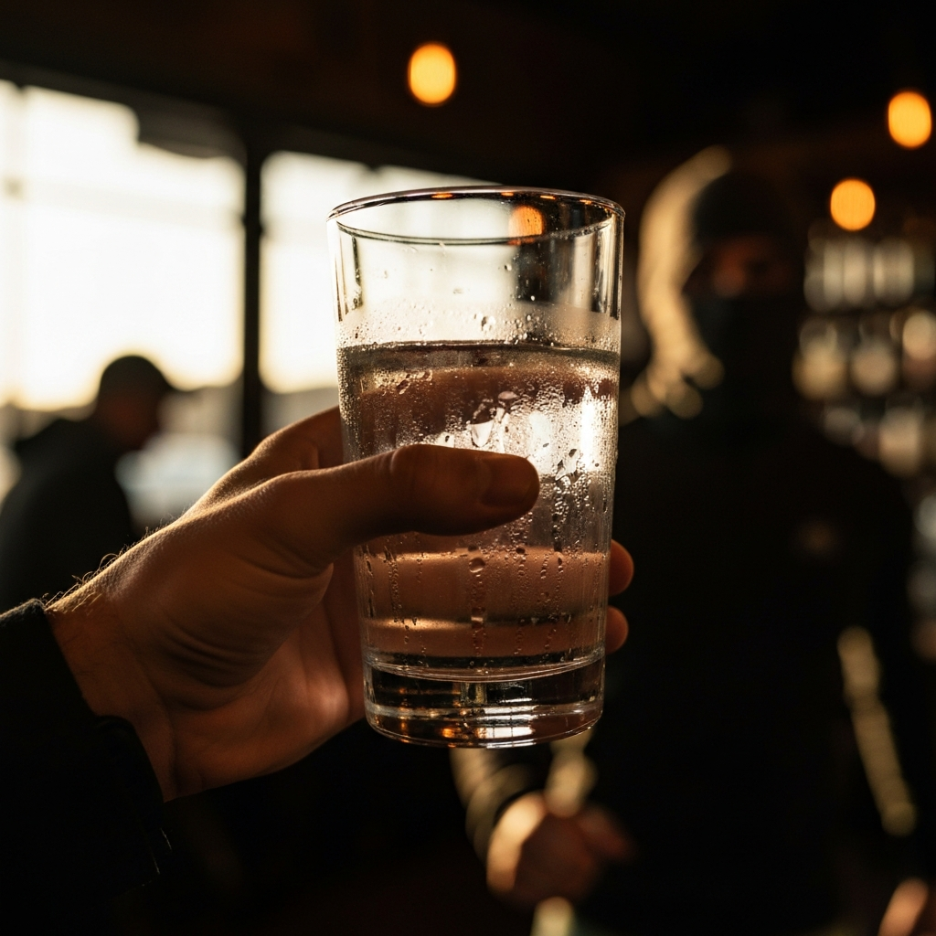 A hand holding a glass of water in a dimly lit bar, shallow depth of field focusing on condensation on the glass.