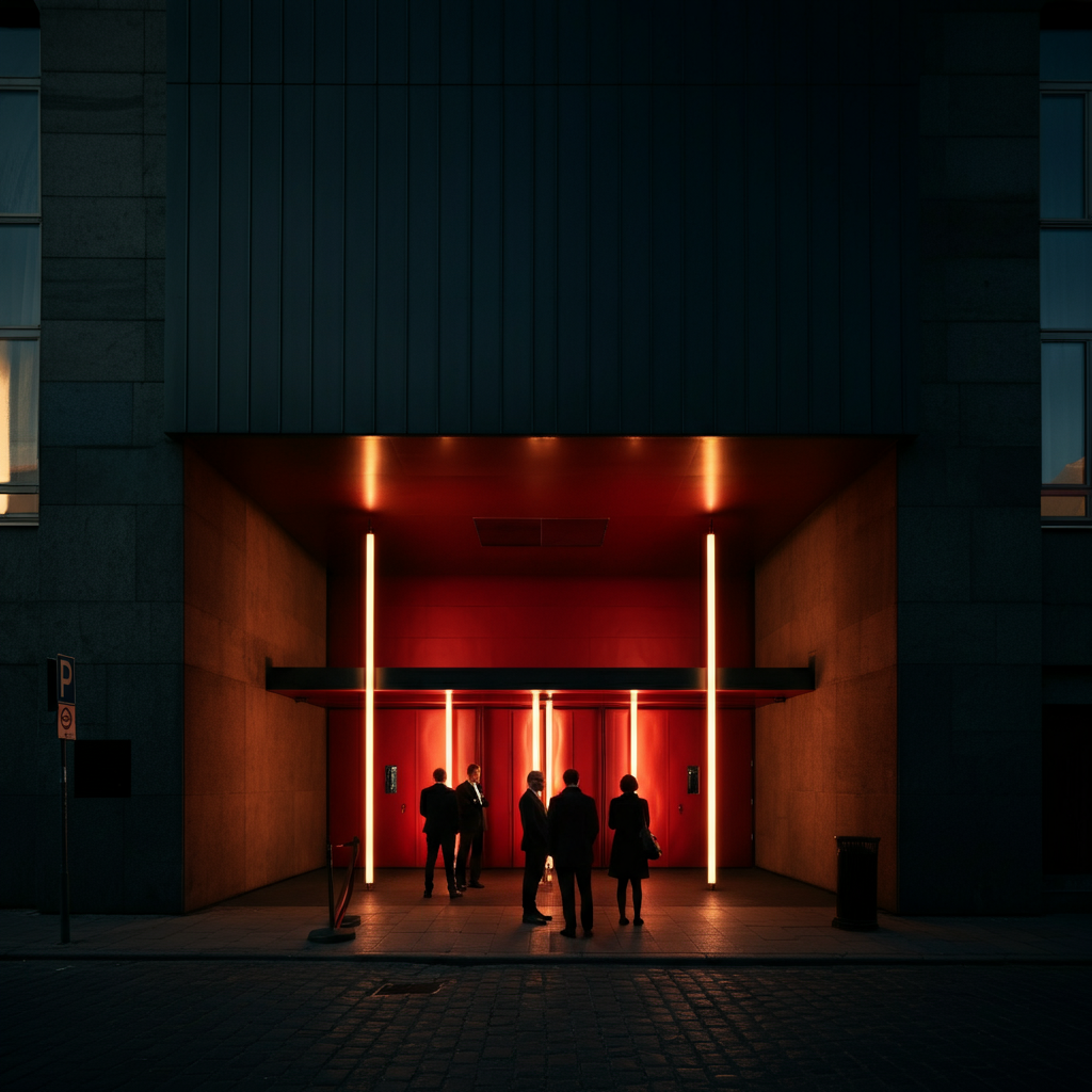 Wide shot of the exterior of Berghain on a Sunday morning, with a few people calmly waiting in line, soft golden hour lighting.