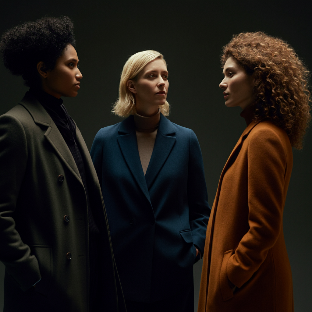 Group of three friends, diverse ethnicities and styles, standing and talking quietly. Natural light.