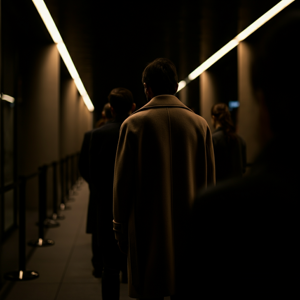 People standing silently in a queue at night. The background is blurred. Focus is on the texture of a coat.