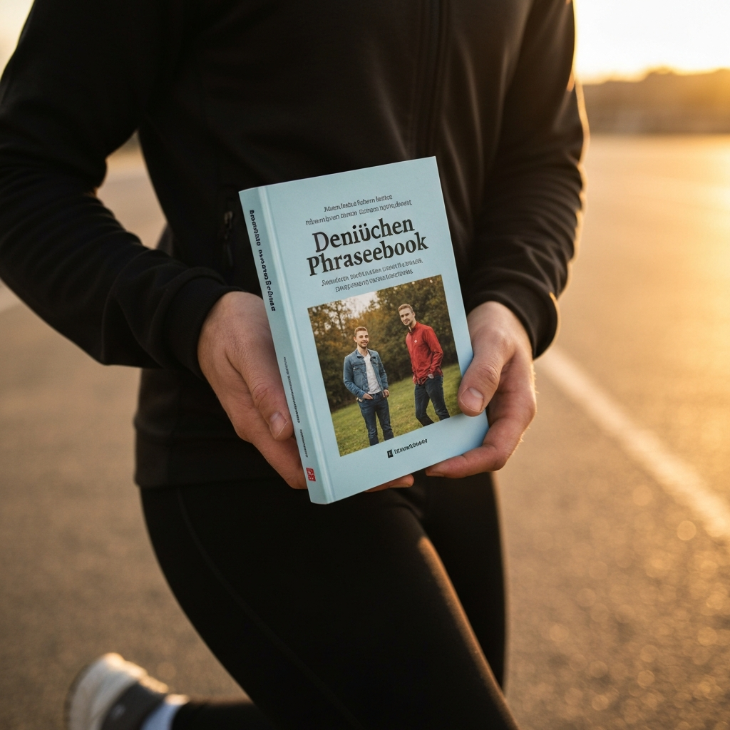 A person holding a German phrasebook in their hands. Focus on the book cover and the hands.