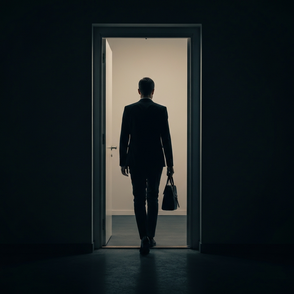 A person walking away from a doorway at night. The person's back is turned, conveying a sense of quiet acceptance.