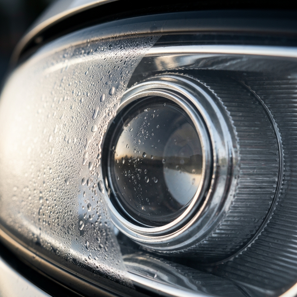 Close-up shot of a headlight with visible condensation droplets inside, side-lit with soft, diffused light to highlight the water particles. Focus on the texture of the headlight lens.