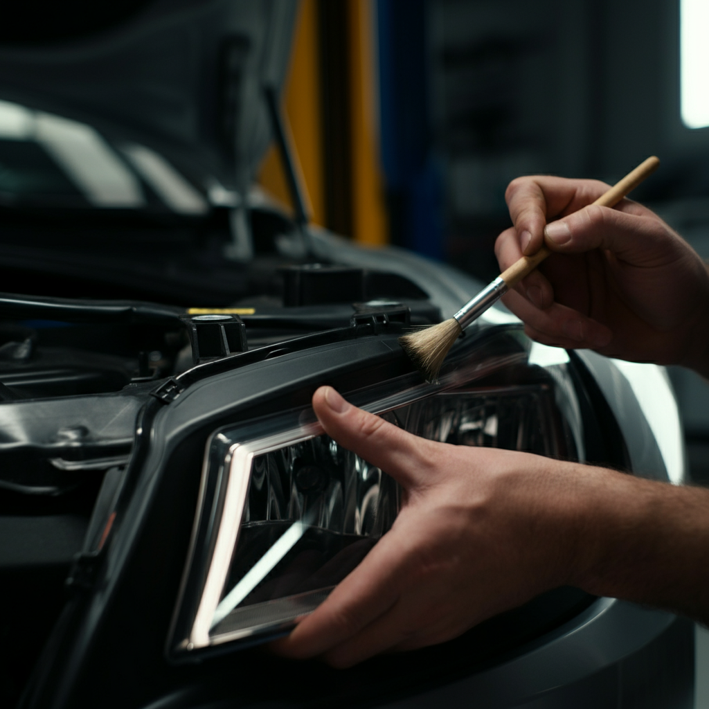 Hands of a mechanic, professionally dressed, carefully using a small brush to clean a small vent on the back of a headlight assembly. Shallow depth of field, with the headlight housing in focus.