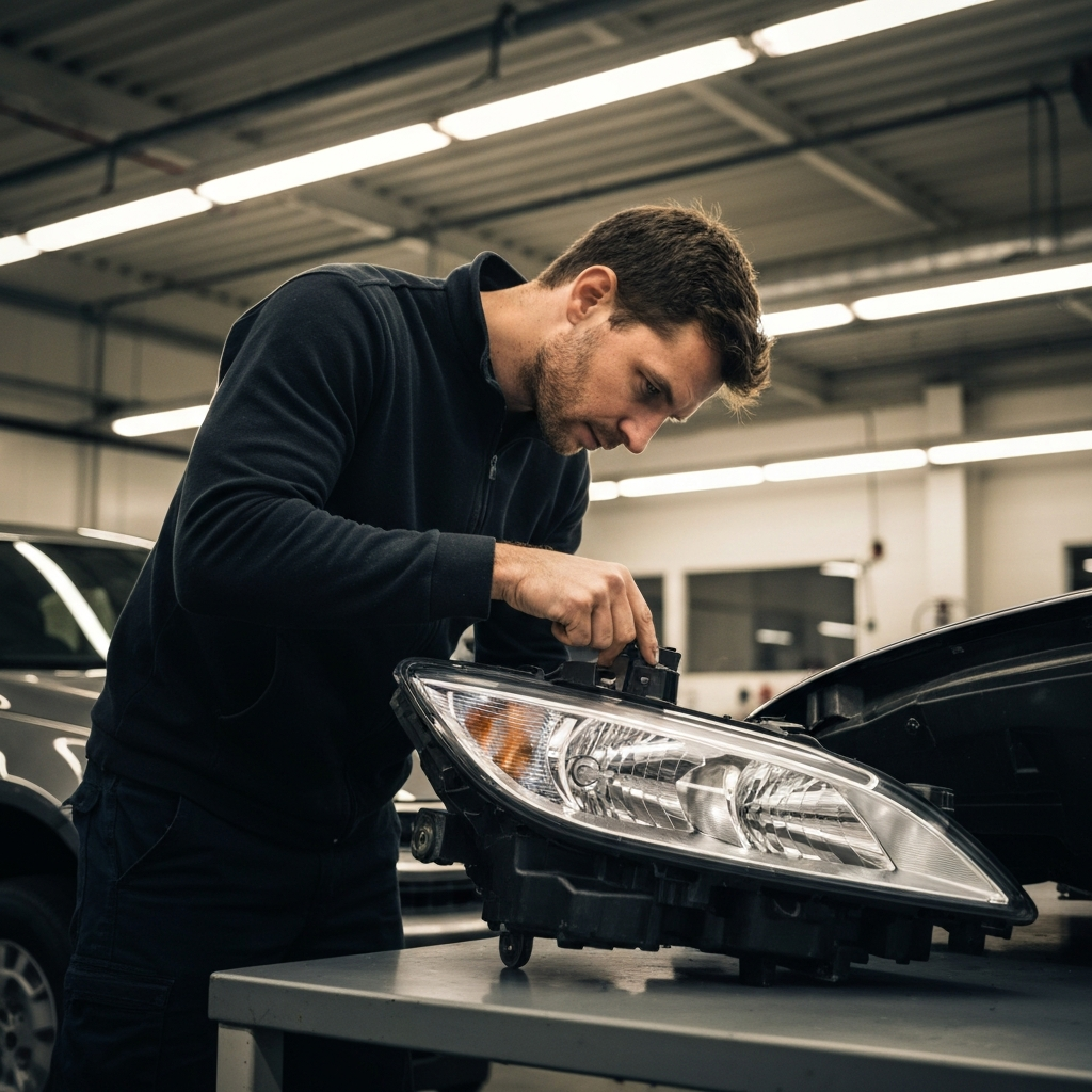 A mechanic in a clean workshop is carefully removing a headlight assembly from a car. The scene is well-lit with overhead fluorescent lights, showing the mechanic's focused expression.
