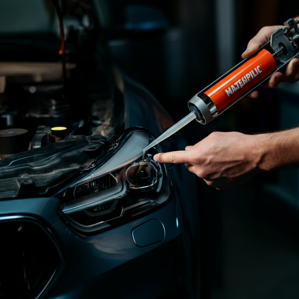 Close-up of a hand applying a bead of clear sealant around the edge of a headlight lens with a caulking gun. Soft bokeh in the background with the sealant tube and other tools visible.