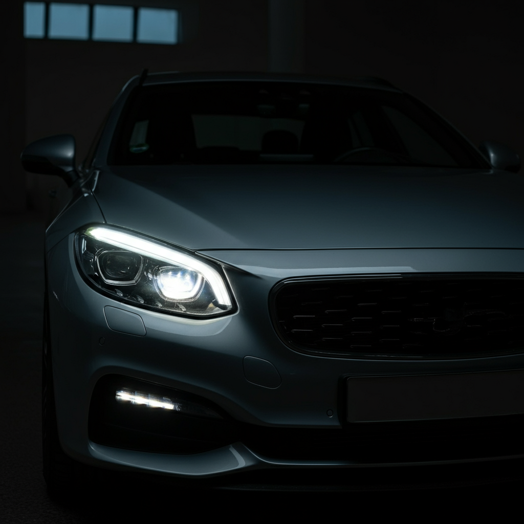 A car with its headlight turned on, casting a bright beam of light onto a dark road. The car is parked in a well-lit area, showing the clean and functional headlight assembly.