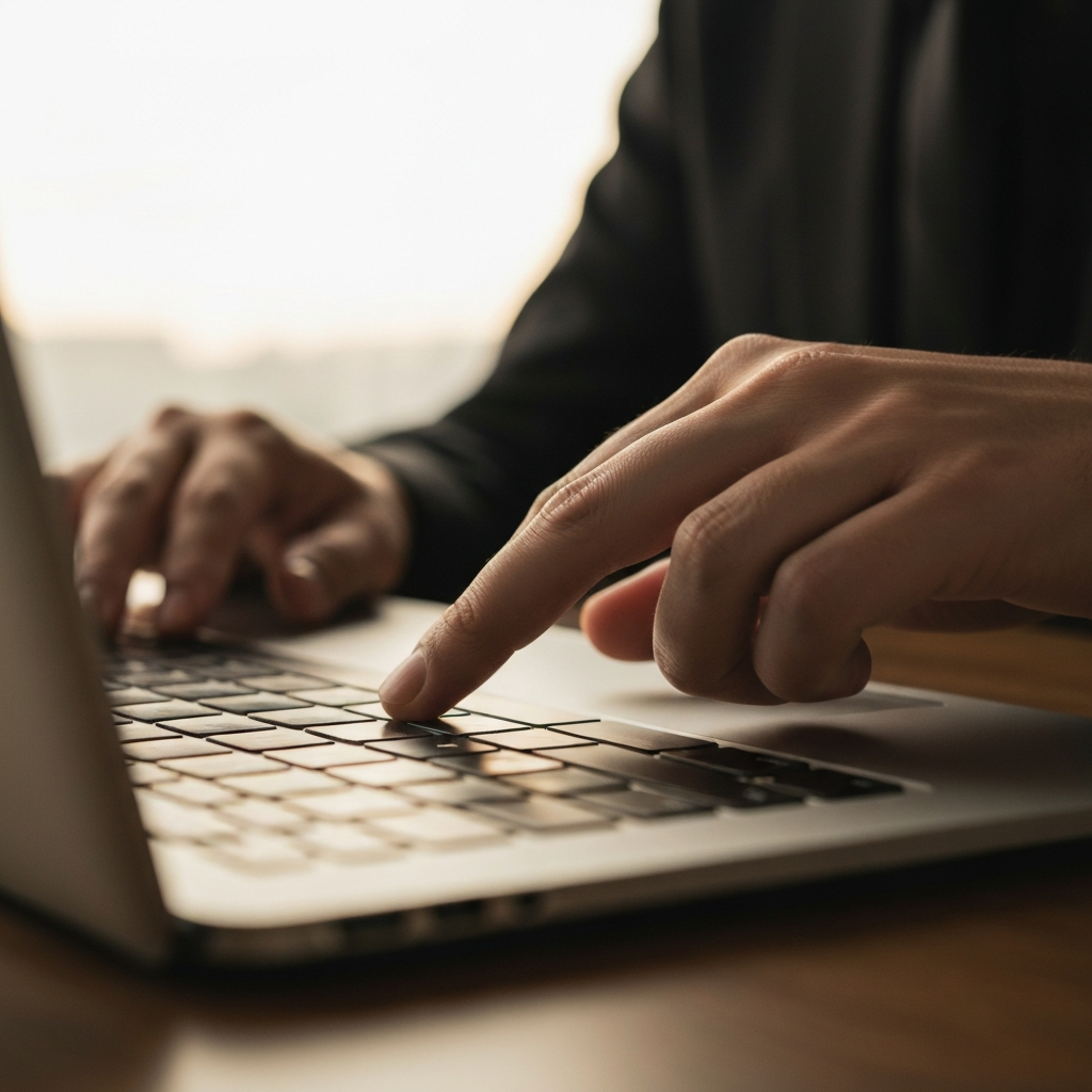 A close-up of a power button on a laptop being pressed, soft golden hour lighting creating a warm glow on the keyboard.