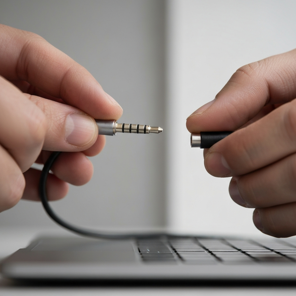 Hands gently plugging a 3.5mm audio cable into a laptop's audio jack, the side-lit texture of the metallic connector showcasing its precision.