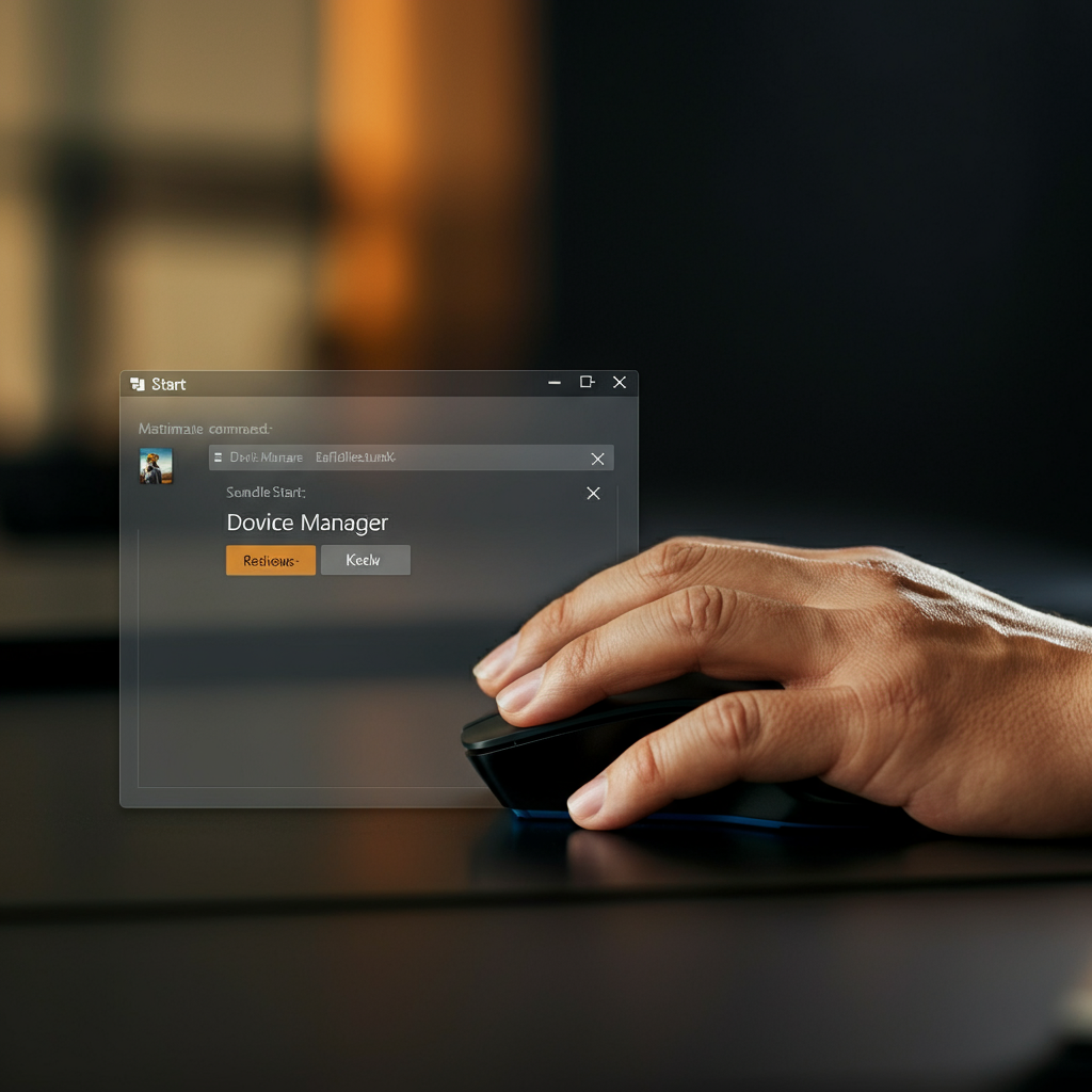 A person's hand using a mouse to right-click the Windows Start button, the menu appearing with the 'Device Manager' option highlighted in a professional office environment.