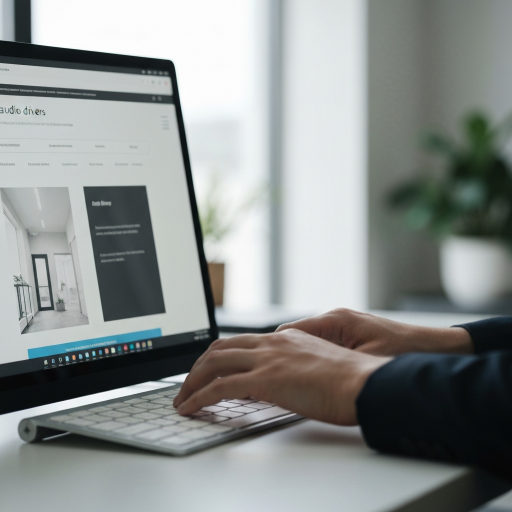 A person's hands typing on a keyboard, researching audio drivers on a manufacturer's website, with soft bokeh in the background.