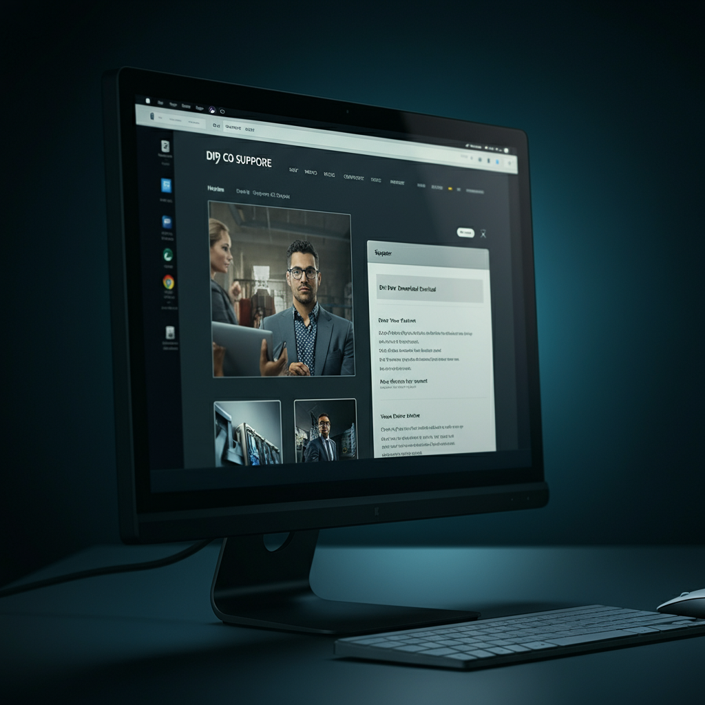 A monitor displaying the support website of a computer manufacturer (e.g., Dell, HP), focused on the driver download section, soft lighting showcasing the screen's crisp display.