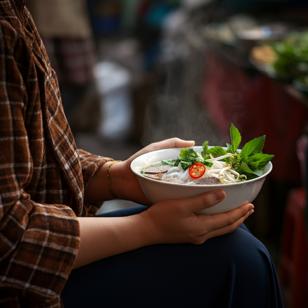 Close-up shot of a Vietnamese woman's hands holding a steaming bowl of pho, with soft golden hour lighting highlighting the textures of the noodles and herbs. A blurred market scene in the background.