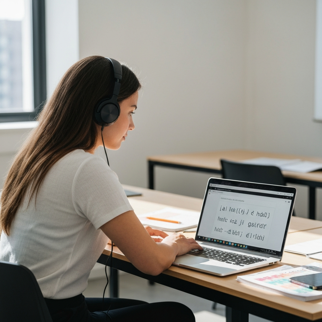 A young woman in a language classroom setting, using headphones and looking at a laptop screen displaying phonetic transcriptions. Natural light floods the room, accentuating the colors of the learning materials.