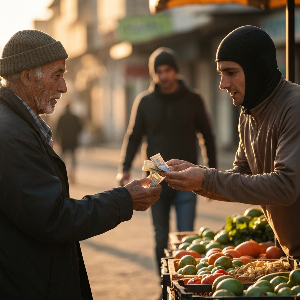 Two people interacting at a market stall. One is an older man with a weathered face, the other is a younger tourist offering money. Soft focus on the man's hands, with the light catching the details of the market produce.