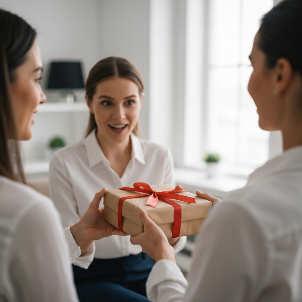 A woman handing a wrapped gift to another woman in a brightly lit home interior. The recipient has a surprised and thankful expression. Focus on the gift exchange, with soft bokeh in the background.